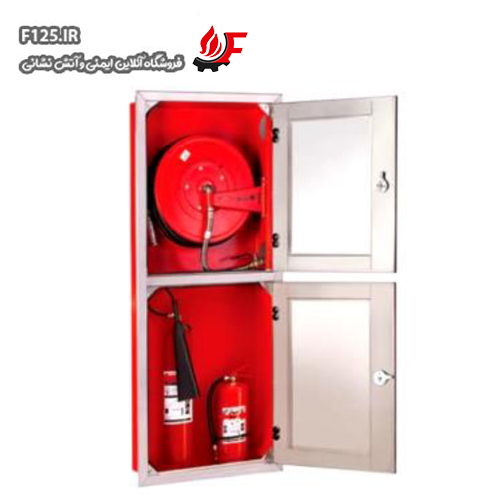 جعبه آتش نشانی دو طبقه درب و قاب استیل سفارشی پامچال با هوزریل و جایگاه دو کپسول کد P.207