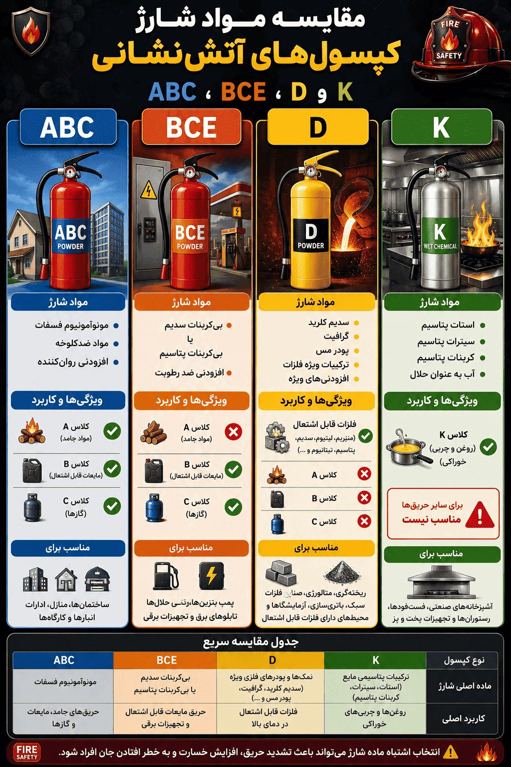 اینفوگرافیک مقایسه مواد شارژ کپسول آتش نشانی پودر های ABC BCE D K