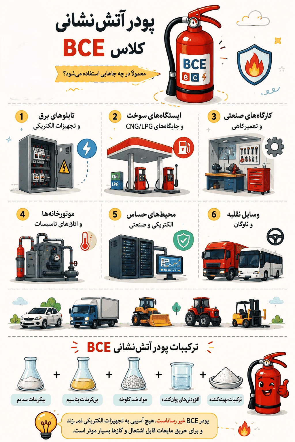 اینفوگرافیک مکان های مورد استفاده پودر آتش نشانی BCE