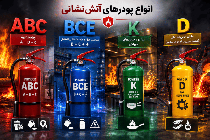 پودر آتش‌نشانی ABC، BCE، D و K چیست و چه تفاوتی با یکدیگر دارند؟